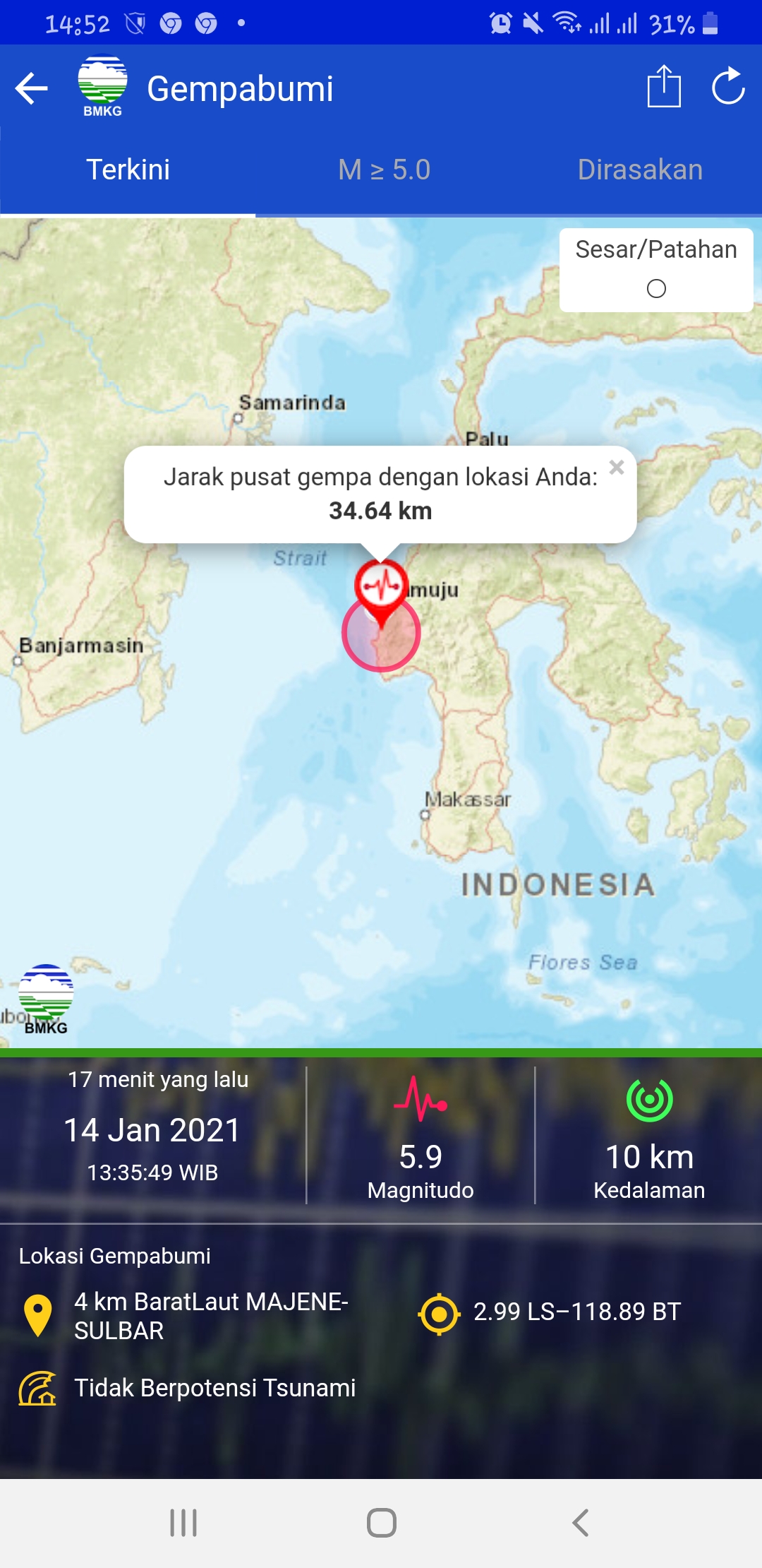 Gempa 5,9 SR Tidak Berpotensi Tsunami