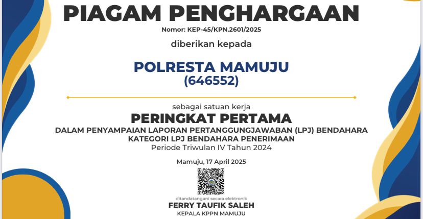 Polresta Mamuju Kembali Raih Peringkat I Pengelola Anggaran Terbaik Polresta Mamuju Kembali Raih Peringkat I Pengelola Anggaran Terbaik